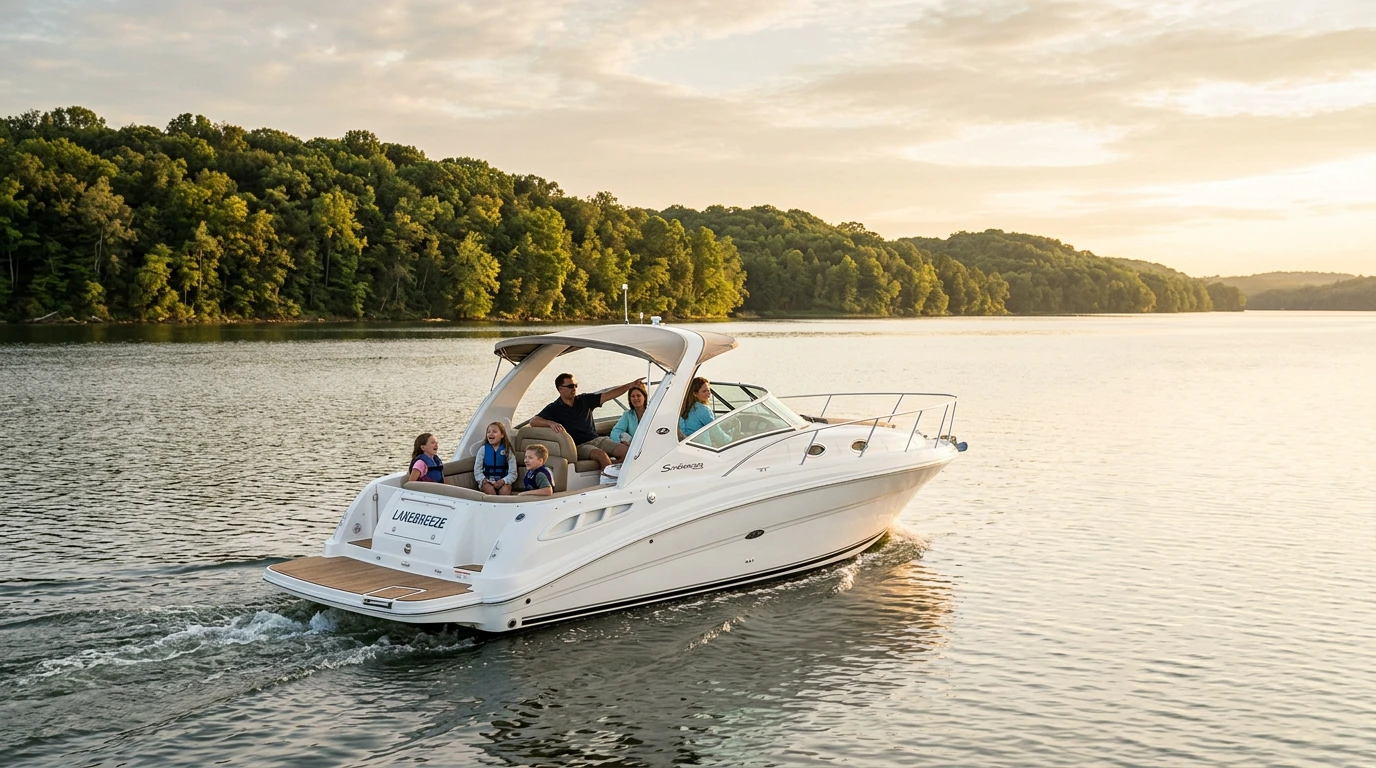 Family powerboat cruising on a calm Midwest lake at golden hour