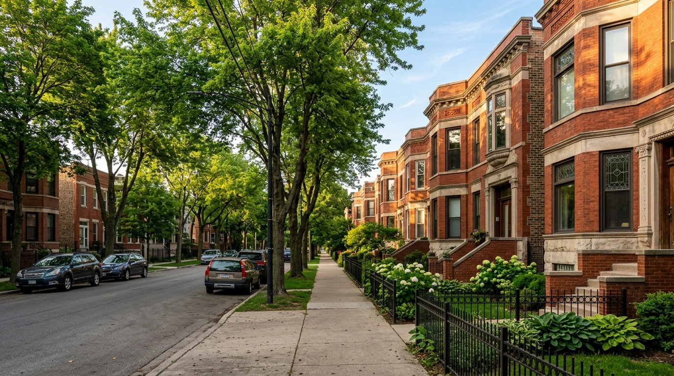 Brick 2-flat and 3-flat residential buildings on a tree-lined Bucktown street in Chicago