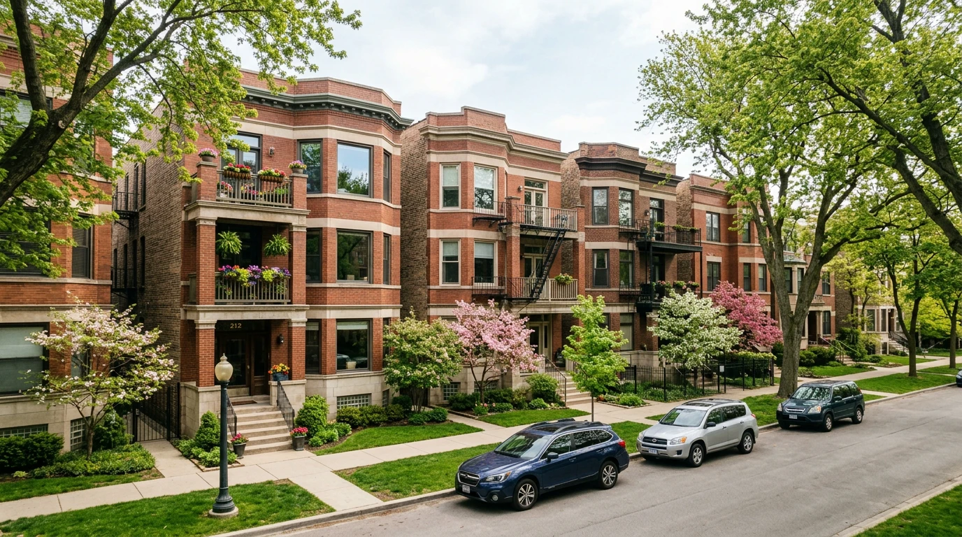 Row of brick Chicago condo buildings on a tree-lined residential street in spring