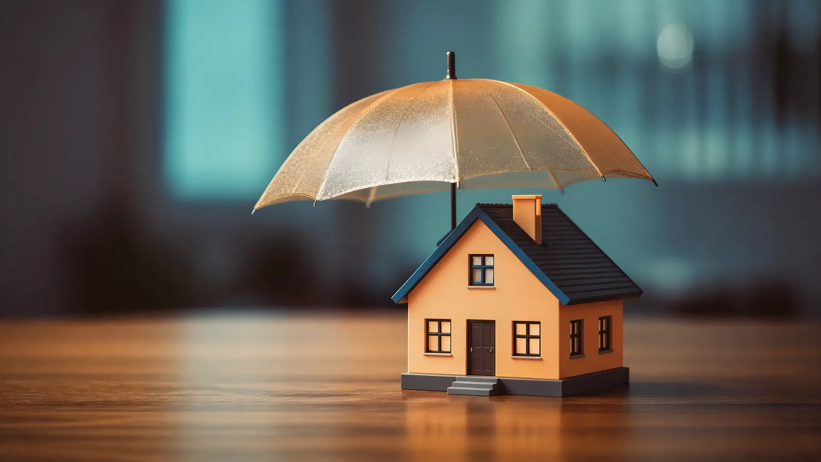 Miniature house protected by an umbrella on a wooden table