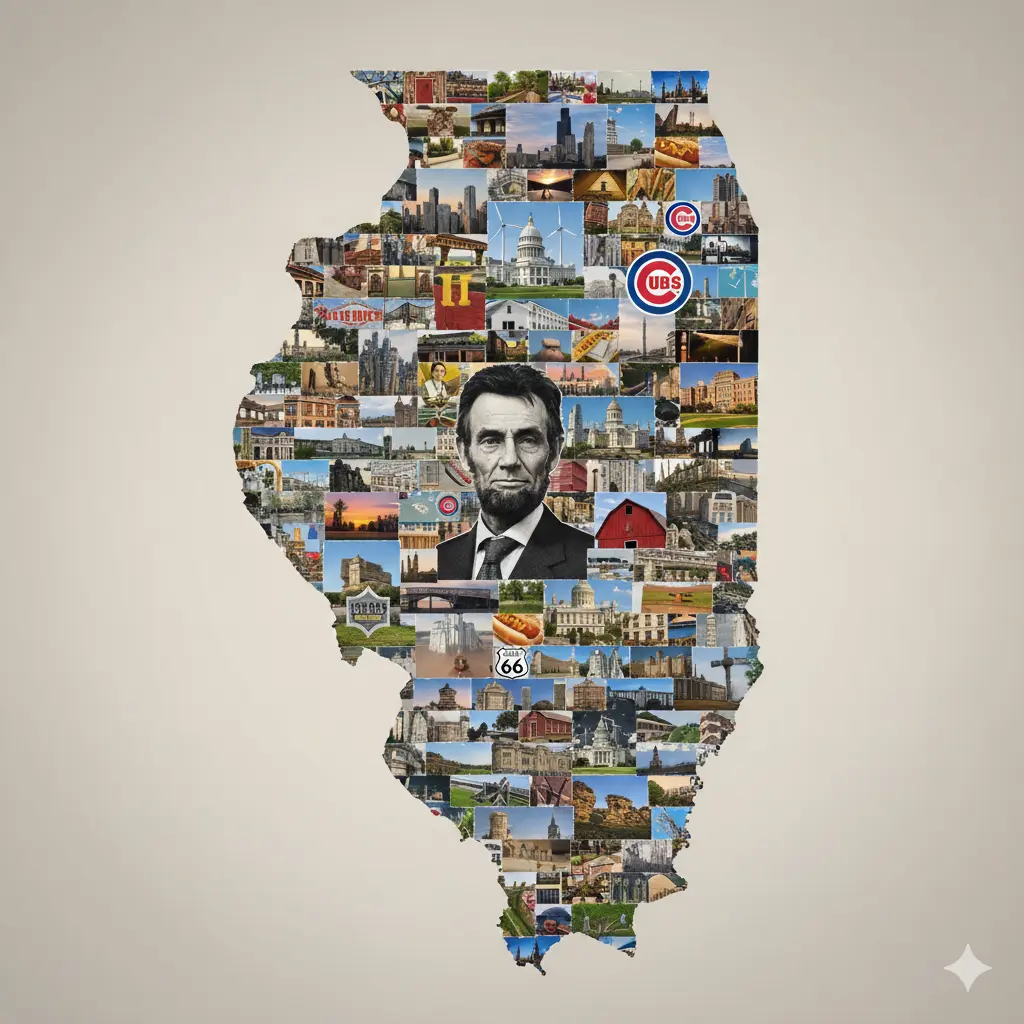Illinois state map collage featuring Abraham Lincoln and landmarks