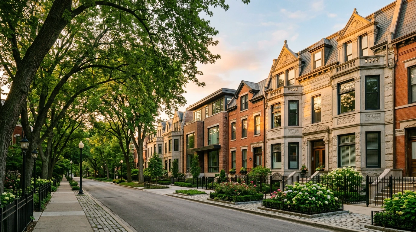 Upscale residential street in Lincoln Park, Chicago with restored greystone townhomes and tree-lined sidewalk