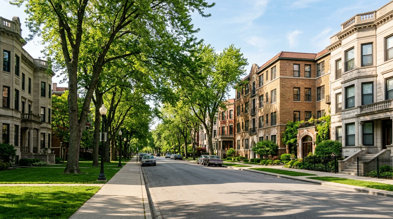 Tree-lined boulevard in Logan Square, Chicago with vintage courtyard apartment buildings and historic greystones