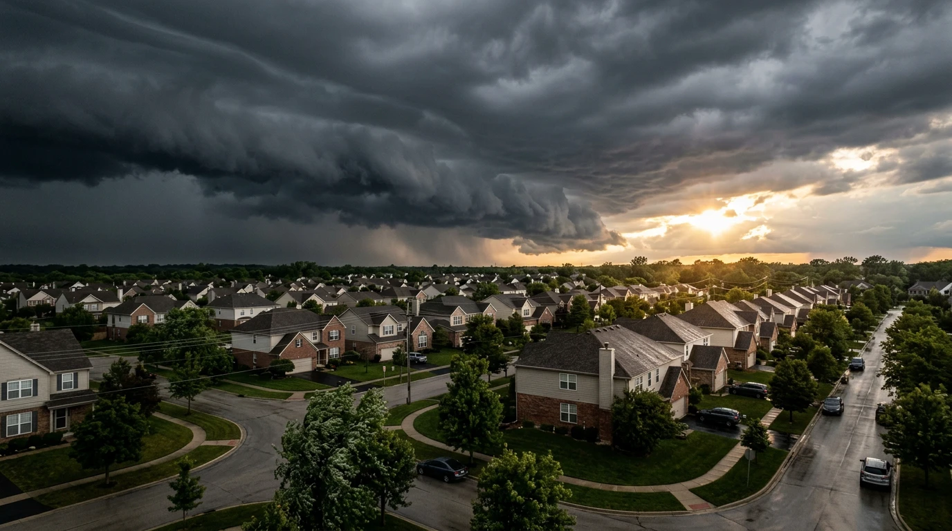 Dark storm clouds rolling over a Midwest residential neighborhood at dusk
