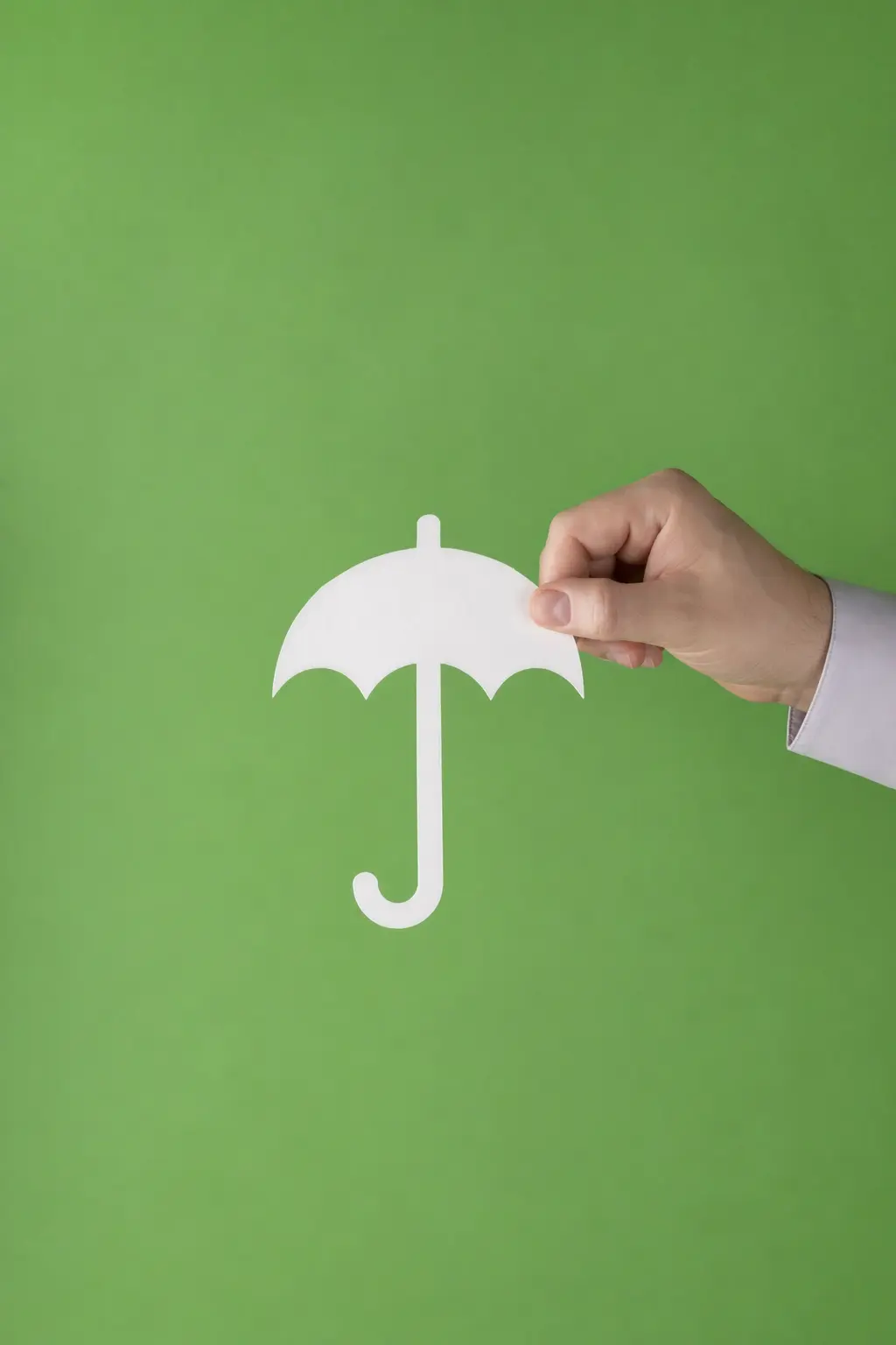 Hand holding a paper umbrella cutout against green background