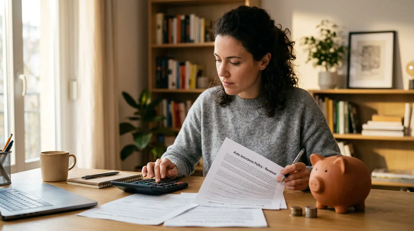 Person reviewing insurance documents with calculator and piggy bank