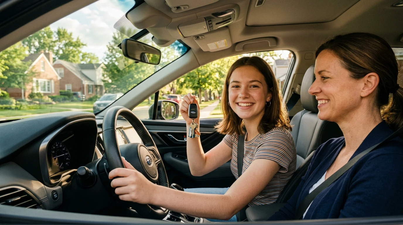 Teen driver in the front seat holding car keys, parent in the passenger seat, on a sunny Midwest afternoon